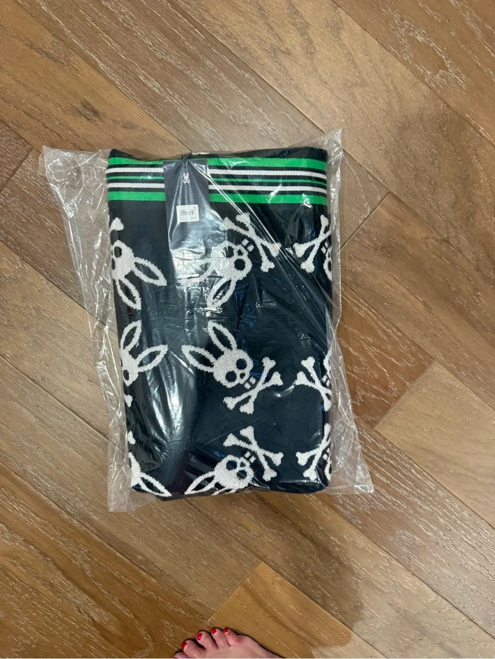 Psycho Bunny Black, White & Green Striped Knit Scarf with Logo Tag
